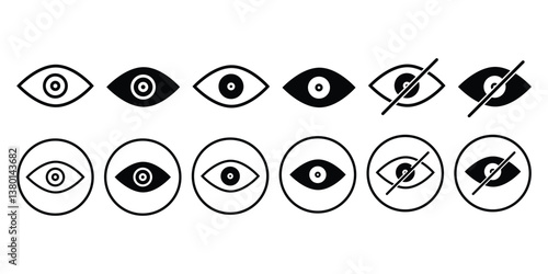 Eye icon set for visible and invisible passwords. See view icons, eyesight symbol, invisible eye hide, incognito, hidden, vision, unseen sign collection illustration.