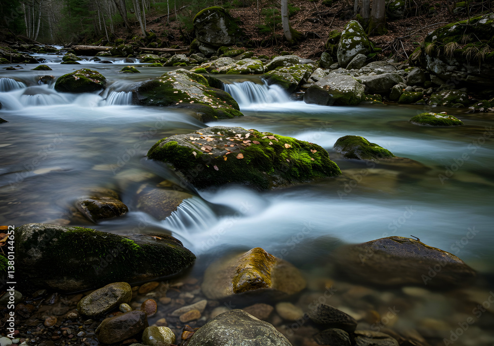 Obraz premium Flowing River Cascade Over Mossy Rocks in Forest with Long Exposure
