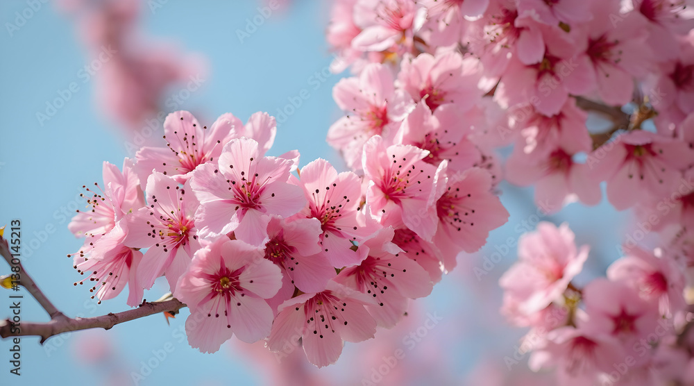 Fototapeta premium Blooming Cherry Blossoms on Branch Against Light Blue Sky Backdrop