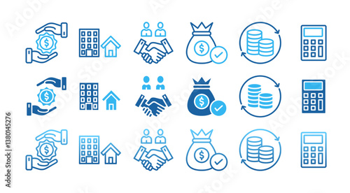 MORTGAGE icon set with multiple style loan, property estate, agreement, asset, repayment and calculate	