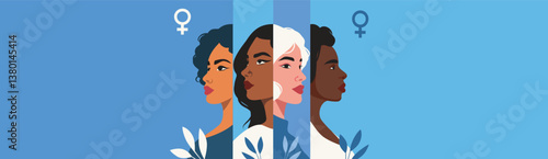Vector horizontal banner for women's day. Women of different skin colors, cultures, nationalities and hairstyles in profile symbolize strength, unity and empowerment, diversity and gender equality
