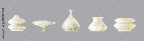Marble or ceramic vases of various shapes. Mosaic-patterned vases. Abstract geometric ancient pottery with marble texture collection. Vector illustration. Isolated white background.