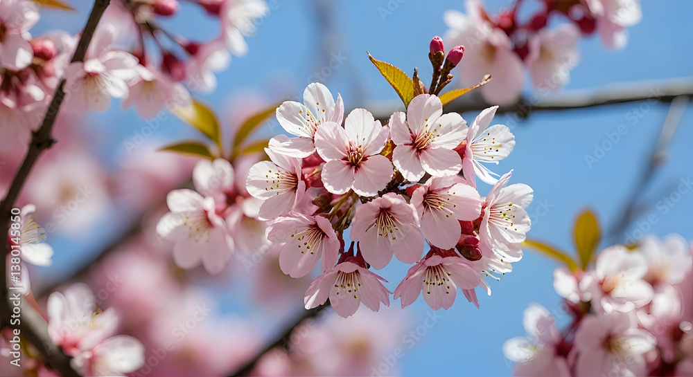 Blooming Cherry Blossoms on Branch Against Clear Blue Sky in Spring Blooming Cherry Blossoms on Branch Against Clear Blue Sky in Spring