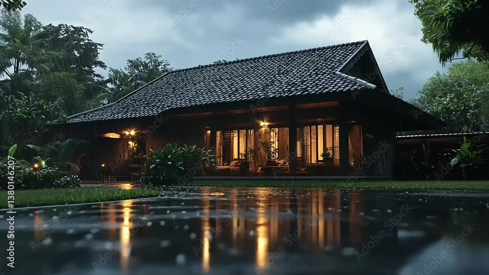Tranquil Rainy Evening at a Traditional Wooden House Surrounded by Lush Greenery Tranquil Rainy Evening at a Traditional Wooden House Surrounded by Lush Greenery