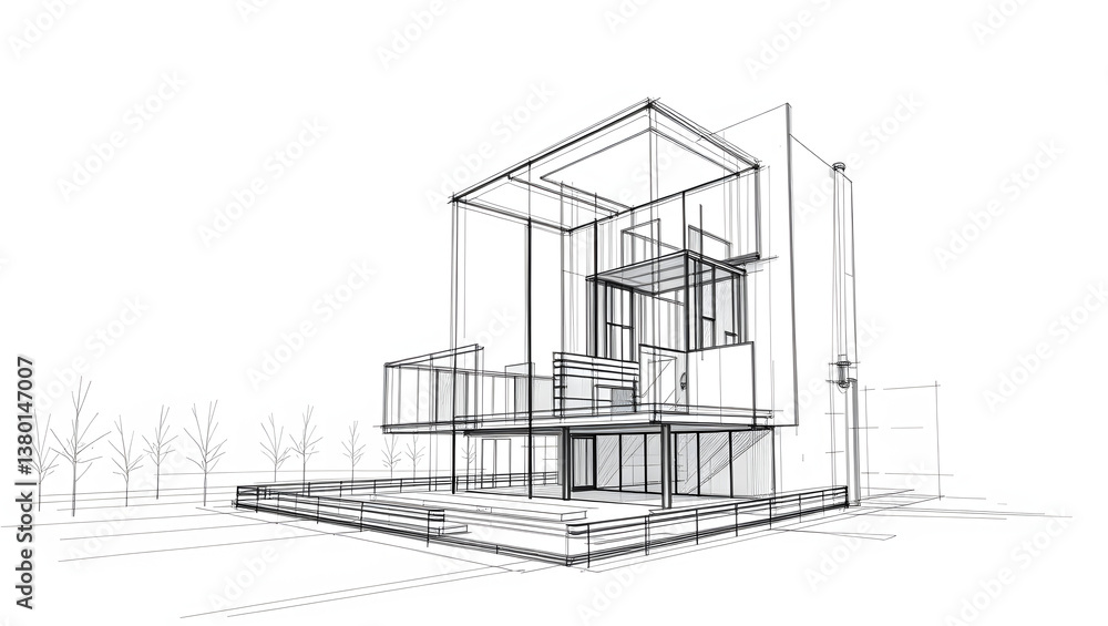 An architectural sketch showcases the design of a modern house, emphasizing its structure with precise lines. An architectural sketch showcases the design of a modern house, emphasizing its structure with precise lines.