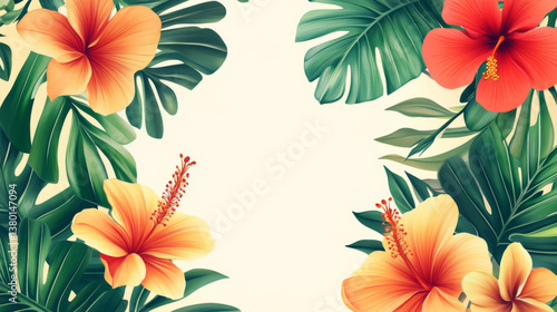Tropical floral background with vibrant hibiscus flowers and lush leaves
