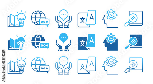 TRANSLATION icon set with multiple style dictionary, interpretation, translator, communication, language, and knowledge