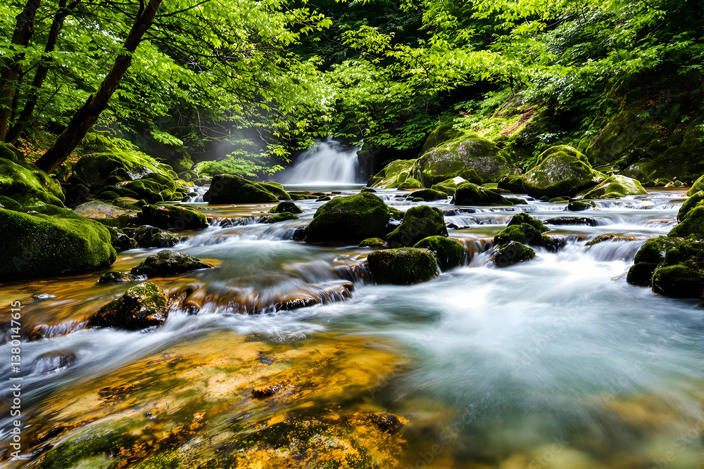 Flowing River Through Lush Green Forest with Mossy Rocks Landscape Flowing River Through Lush Green Forest with Mossy Rocks Landscape
