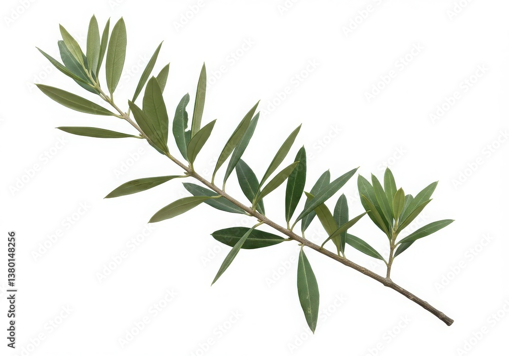 A single olive branch with green leaves isolated against a clean white background in a studio shot A single olive branch with green leaves isolated against a clean white background in a studio shot