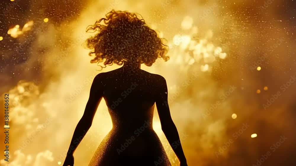 Silhouette of a woman in a sparkling dress against a fiery explosion backdrop at dusk Silhouette of a woman in a sparkling dress against a fiery explosion backdrop at dusk