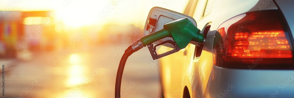 Green Fuel Pump Nozzle Filling a Silver Car, Golden Hour Sunset Golden Sunrays, Fueling Up Close