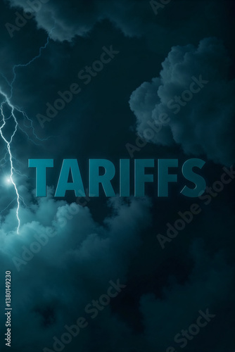 Dark scary background with word Tariffs surrounded with clouds and lightning