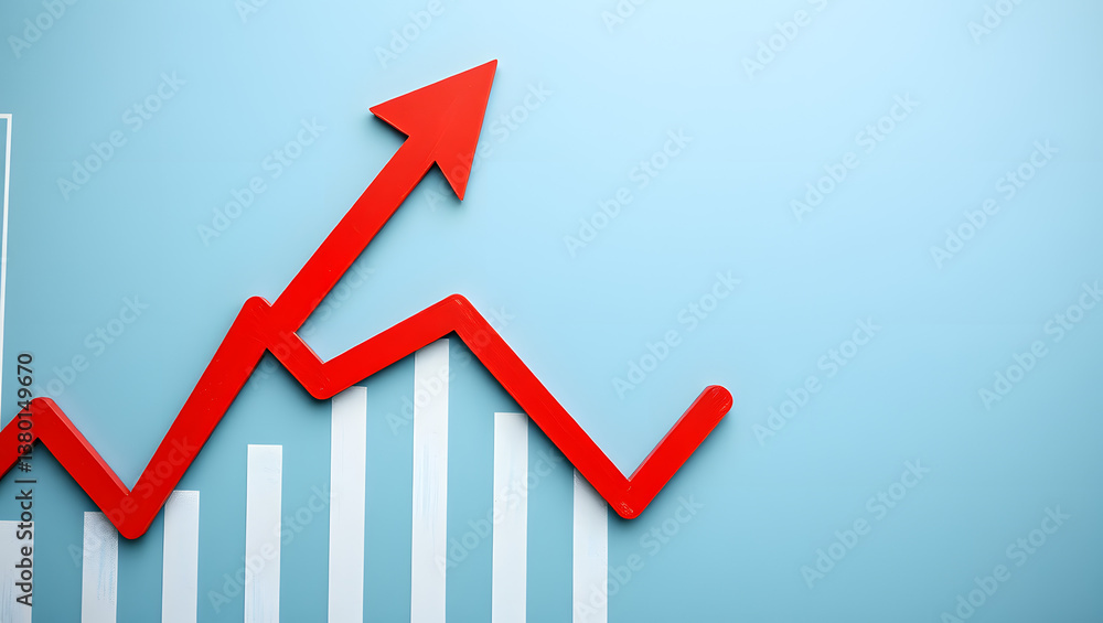 Obraz premium Red arrow pointing up with charts indicating growth and success on a blue background.