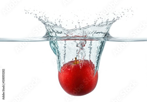 A red apple falling into water creating a splash on a white background in a studio shot