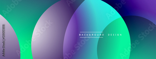 Abstract background with overlapping circles. Vibrant colors blend smoothly creating modern design. Gradient shades of purple, blue, green present smooth transition.