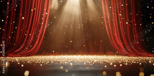 A dramatic stage scene with red curtains, sparkling lights, and a spotlight illuminating the floor, creating a captivating atmosphere.