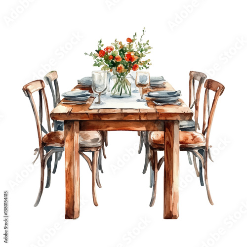 Watercolor dining table set on white background