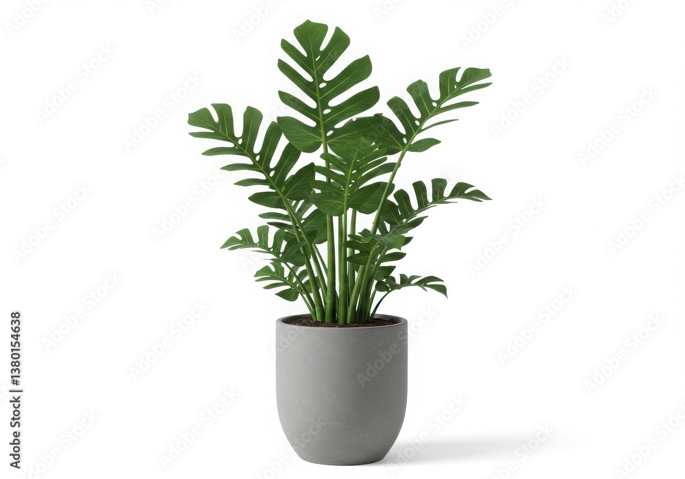 Fototapeta premium A potted monstera plant with large green leaves in a gray pot isolated on a white background studio shot