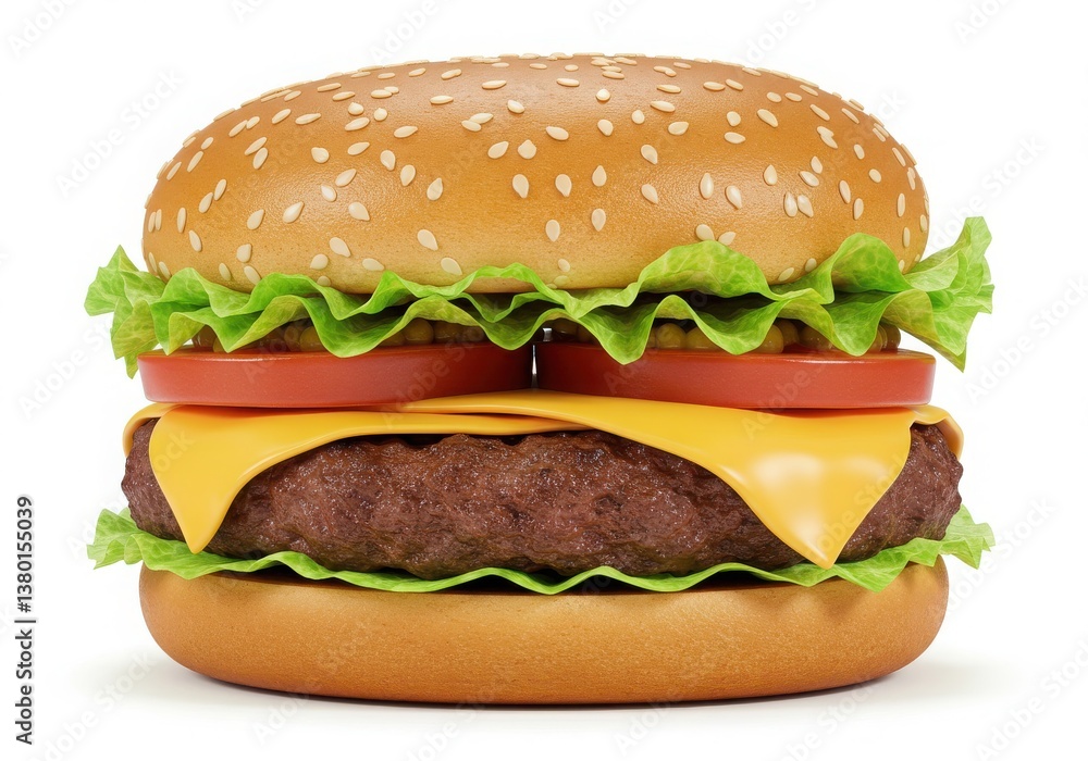 A close up view of a burger with lettuce tomato cheese and sesame seeds on a white background A close up view of a burger with lettuce tomato cheese and sesame seeds on a white background