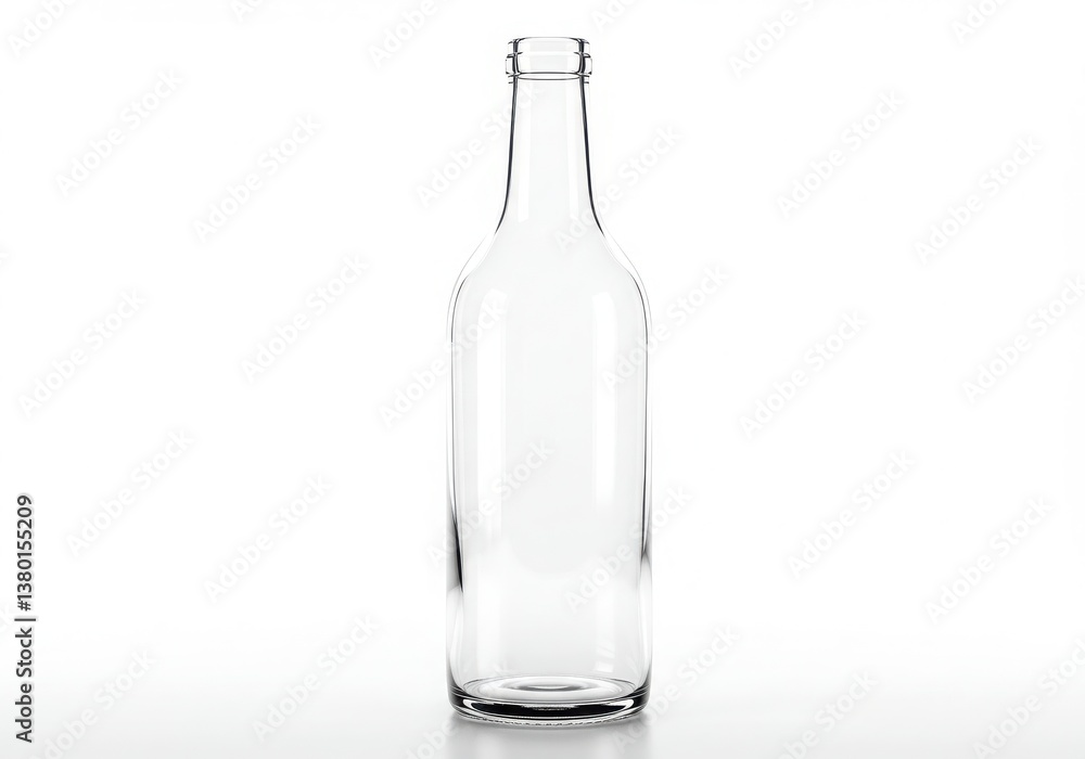 A clear glass bottle stands upright on a white surface with a bright white background behind it A clear glass bottle stands upright on a white surface with a bright white background behind it