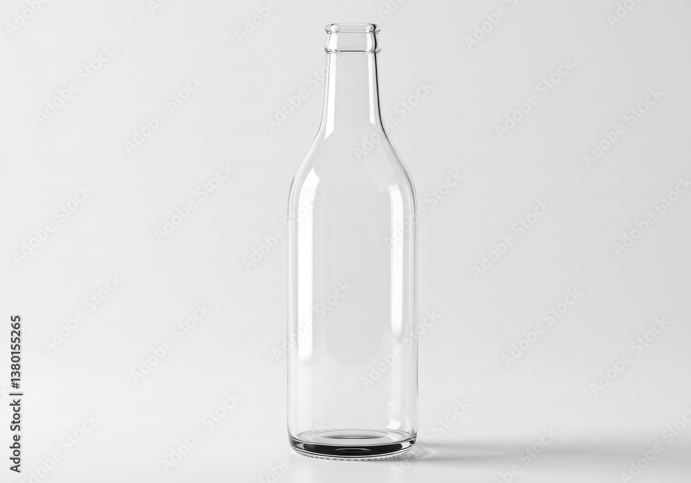 A clear glass bottle stands upright against a plain white background in a studio setting neutral light A clear glass bottle stands upright against a plain white background in a studio setting neutral light