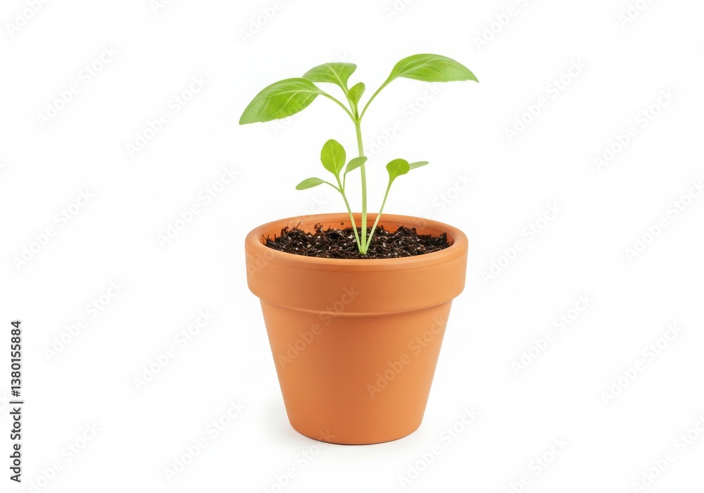 Small plant with green leaves growing in a terracotta pot against a white background studio shot Small plant with green leaves growing in a terracotta pot against a white background studio shot