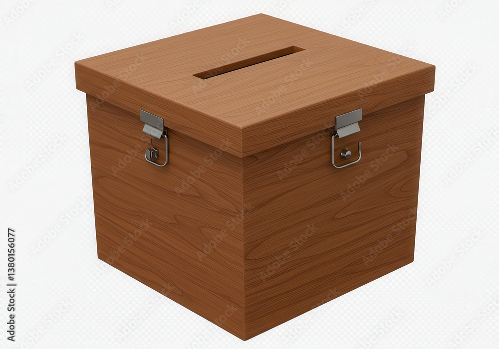 A wooden box with a slot on top and metal hinges isolated on a white background in studio shot A wooden box with a slot on top and metal hinges isolated on a white background in studio shot
