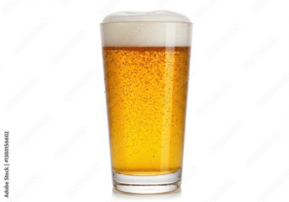 A tall clear glass filled with golden beer and a thick white foamy head against a white background A tall clear glass filled with golden beer and a thick white foamy head against a white background