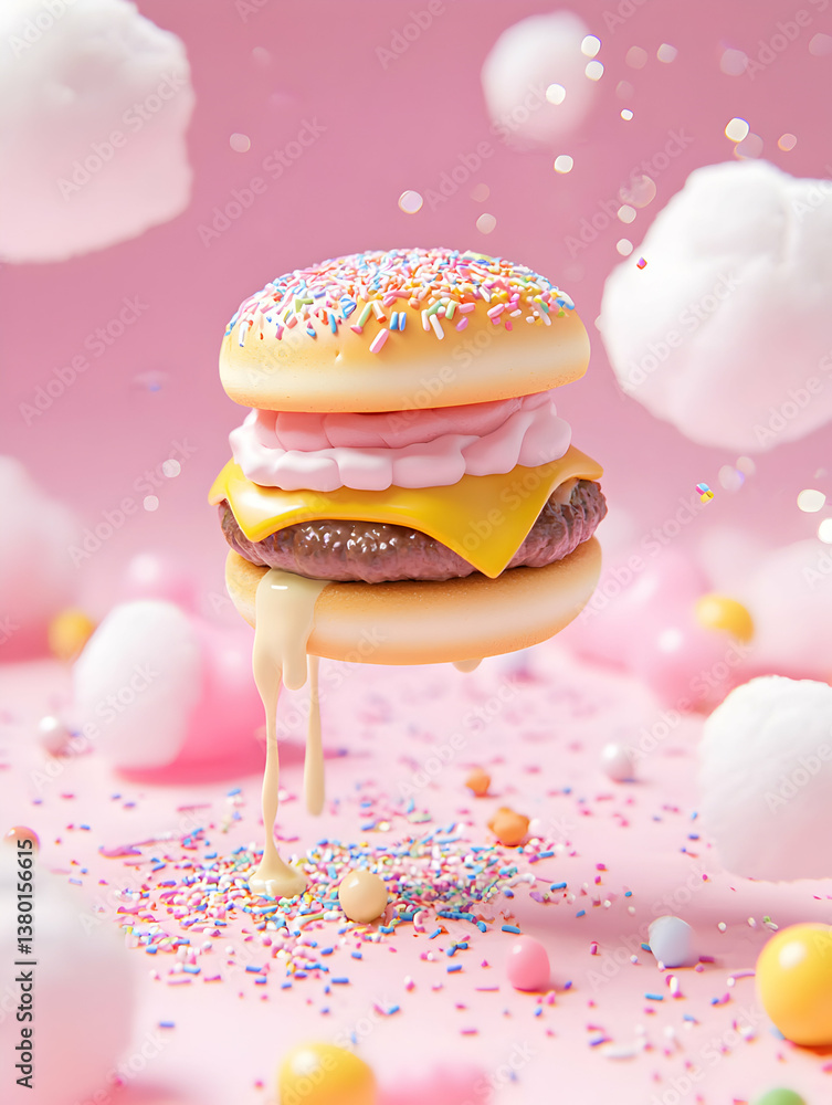 Floating Burger with Sprinkles and Pastel Background Floating Burger with Sprinkles and Pastel Background