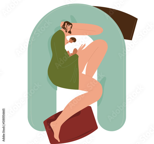 Mom breastfeeding newborn baby. Happy mother on bed with child, who suckling breast. Young woman feeding infant with breastmilk. Colored flat vector illustration isolated on white background.