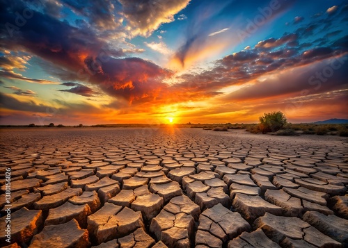 Sunset over parched earth reveals beauty in stark, cracked landscape at dusk