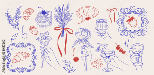 Hand-drawn sketch in crayon whimsical style, featuring food, drinks, and floral elements in red and blue, including a croissant, flowers, fruit, cocktails,  a decorative frame, perfect for lifestyle