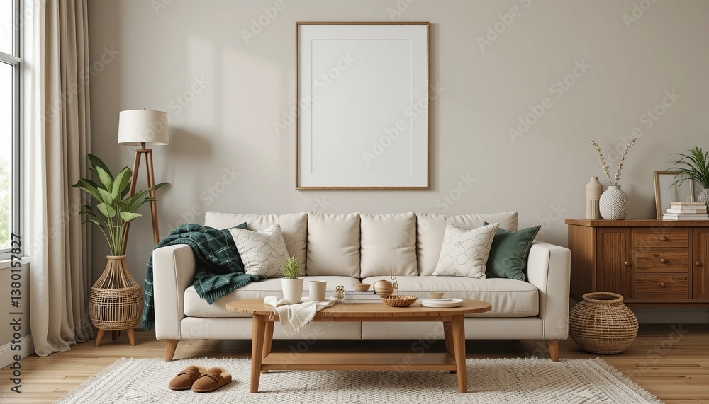 Fototapeta premium Inviting living room with neutral tones, natural light, cozy textiles, wooden accents, and indoor plants create a calming atmosphere.