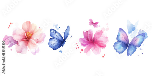 Watercolor vector design set of various watercolor-style floral and butterfly tattoo designs, isolated on a white background.