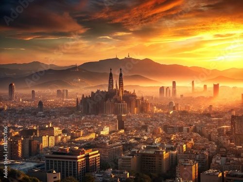Barcelona Sunset Panorama: Cityscape & Distant Snowy Peaks