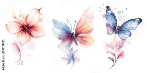 Watercolor vector design set of various watercolor-style floral and butterfly tattoo designs, isolated on a white background.