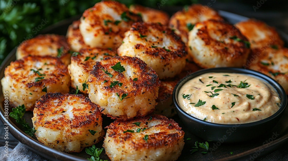 Crispy Potato Cakes with Creamy Dip Served on Rustic Table Crispy Potato Cakes with Creamy Dip Served on Rustic Table