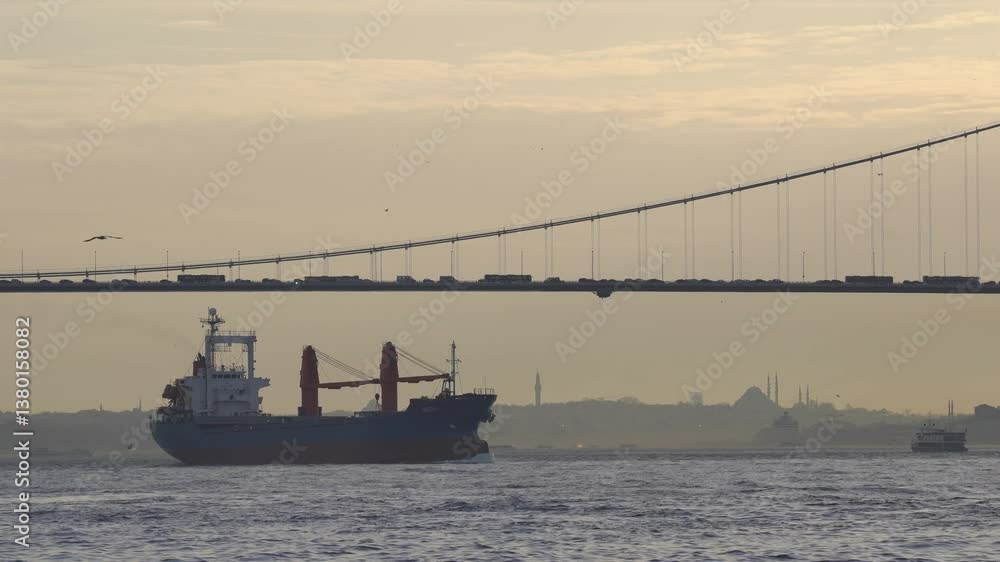 Cars passing the Bosphorus Bridge agains a background of the historical peninsula at golden hour