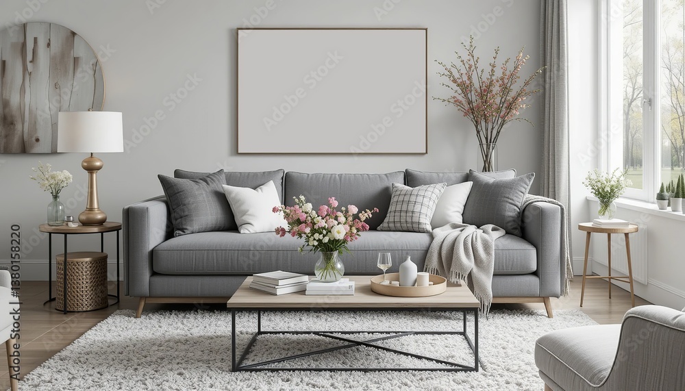 Elegant living room with a comfortable grey sofa, soft lighting, and a large blank canvas perfect for adding personalized art. Elegant living room with a comfortable grey sofa, soft lighting, and a large blank canvas perfect for adding personalized art.