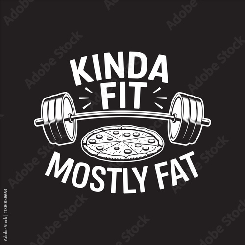 Kinda fit mostly fat, vector design, gym barbell with pizza vector, t shirt design