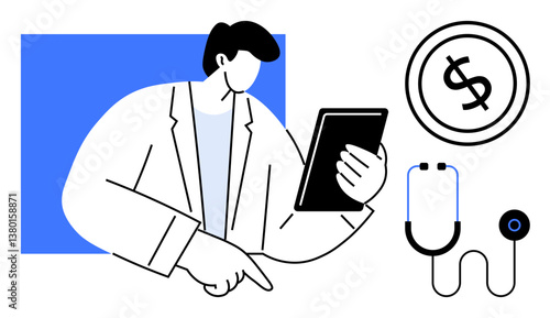 Doctor pointing at tablet, stethoscope, and dollar sign highlighting healthcare technology, digital innovation, cost analysis. Ideal for health, finance, medical tech, telemedicine consultation