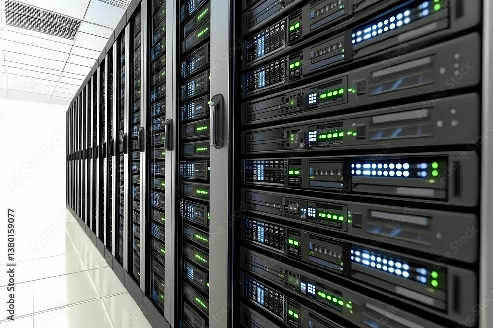 Data center servers, rows, technology, infrastructure, network, storage, computing, white room Data center servers, rows, technology, infrastructure, network, storage, computing, white room