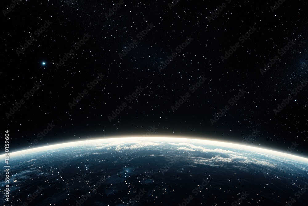 Fototapeta premium A stunning view of Earth from space, showcasing a vibrant atmosphere and a starry backdrop, highlighting the beauty of our planet in the cosmos.