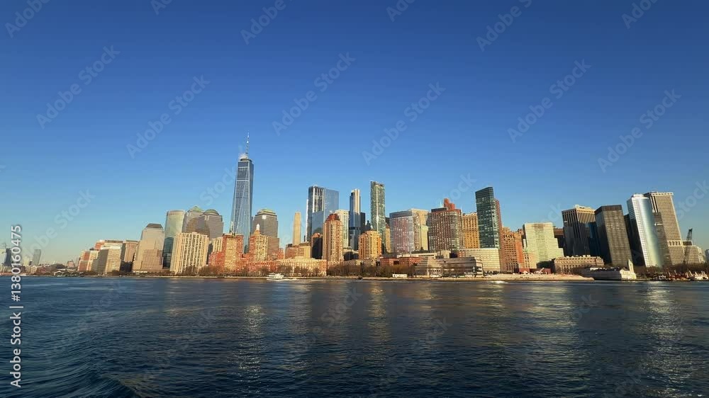 Dynamic shot moving past Lower Manhattan skyline, One WTC, from water taxi or ferry on sunny day. Ideal establishing shot, travel, finance, New York City, USA Dynamic shot moving past Lower Manhattan skyline, One WTC, from water taxi or ferry on sunny day. Ideal establishing shot, travel, finance, New York City, USA