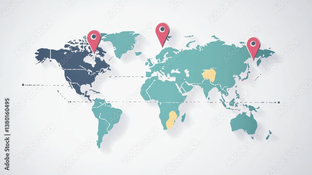 Obraz premium Flat world map featuring location pin stickers and travel lines for planning global trips and adventures
