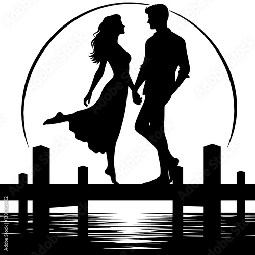 Romantic couple holding hands on pier at sunset