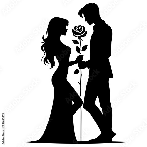 Man giving rose to woman in romantic silhouette