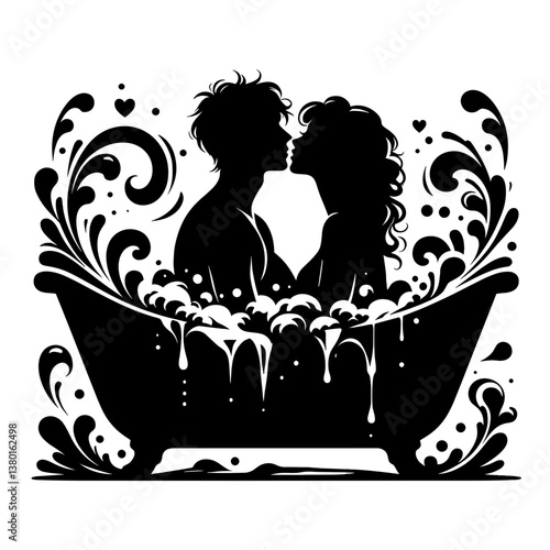 Couple kissing in romantic bath silhouette