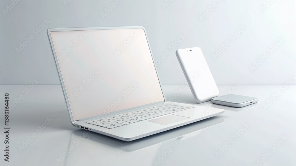 Blank Screen Mobile Phone & Laptop Mockup: White Isolated Background - Candid Photography Style Blank Screen Mobile Phone & Laptop Mockup: White Isolated Background - Candid Photography Style