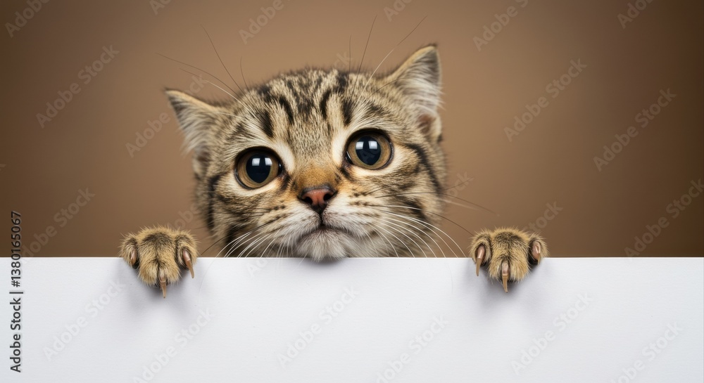 Curious kitten holds blank sign. Curious kitten holds blank sign.